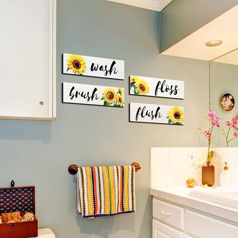 Jetec 4 Pieces Bathroom Wall Decor Signs Wash Brush Floss Flush Sunflowers Signs Rustic Bathroom Wooden Signs Sunflower Wood Wall Plaque Vintage Wooden Decor for Laundry Room Bathroom (White) in Kuwait
