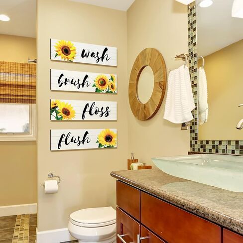 Jetec 4 Pieces Bathroom Wall Decor Signs Wash Brush Floss Flush Sunflowers Signs Rustic Bathroom Wooden Signs Sunflower Wood Wall Plaque Vintage Wooden Decor for Laundry Room Bathroom (White) in Kuwait