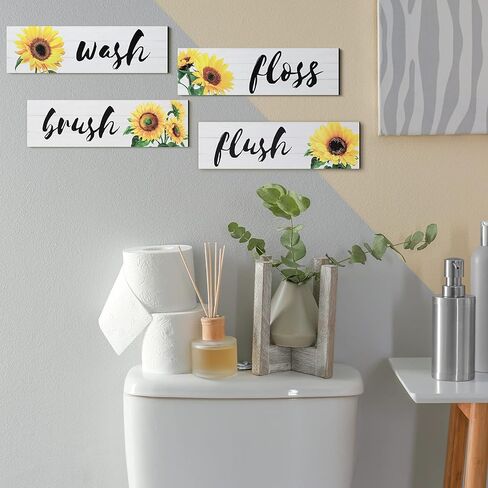 Jetec 4 Pieces Bathroom Wall Decor Signs Wash Brush Floss Flush Sunflowers Signs Rustic Bathroom Wooden Signs Sunflower Wood Wall Plaque Vintage Wooden Decor for Laundry Room Bathroom (White) in Kuwait