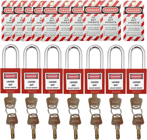 SAFBY Lockout Tagout Lock 7pcs Key Alike OSHA Loto Safe Padlocks and 10pcs Lockout TagOut Tags for Lock Out Tag Out Stations and Devices with Number 1-7 (Keyed Alike, 7-black Locks with 10 Tags) in Kuwait