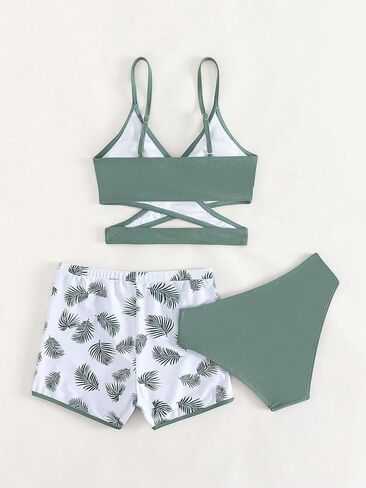 Girl's 3 Piece Swimsuits Tropical Sleeveless Criss Cross High Waisted Bikini Cute Bathing Suit in Saudi Arabia