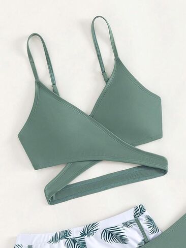 Girl's 3 Piece Swimsuits Tropical Sleeveless Criss Cross High Waisted Bikini Cute Bathing Suit in Saudi Arabia