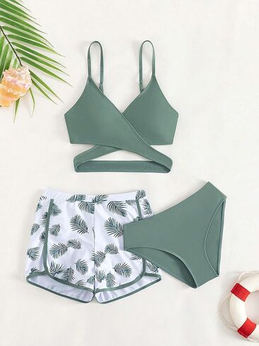 Girl's 3 Piece Swimsuits Tropical Sleeveless Criss Cross High Waisted Bikini Cute Bathing Suit in Saudi Arabia