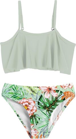 Arshiner Girls Swimsuit Two Pieces Bikini Set Ruffle Bathing Suits Flounced Tankini Swimwear Light Green - Flower for 14-15 Years in Saudi Arabia