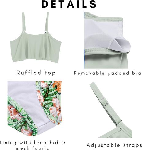 Arshiner Girls Swimsuit Two Pieces Bikini Set Ruffle Bathing Suits Flounced Tankini Swimwear Light Green - Flower for 14-15 Years in Saudi Arabia