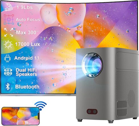 [التركيز التلقائي] جهاز عرض واي فاي، جهاز عرض 17000LUX Android 11 شاشة 300 بوصة، 5G واي فاي مع جهاز عرض بلوتوث، مكبرات صوت هاي فاي مزدوجة للمسرح المنزلي متوافقة مع عصا التلفزيون الذكية/HDMI/USB/AV إلخ. in Kuwait