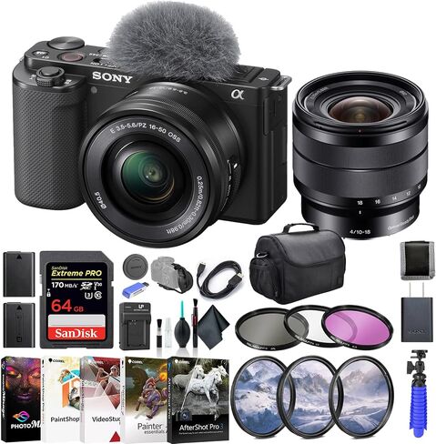 Sony ZV-E10 Mirrorless Camera with 16-50mm Lens Black ILCZV-E10L/B, Sony E 10-18mm Lens, 64GB Memory Card, Filter Kit, Corel Photo Software, Bag, NPF-W50 Battery, External Charger, and More in Saudi Arabia