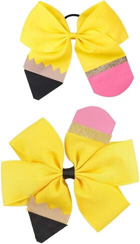 Yellow Pencil School Bow Pencil Ponytail Holder Yellow Hair Ring Tie Bowknot BBG28 (Set-A) in Saudi Arabia