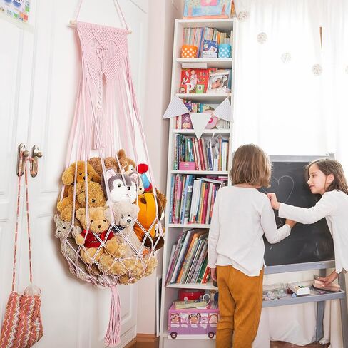 شبكة حيوانات محشوة أو زاوية أرجوحة أو شبكة تعليق على الحائط لتخزين الألعاب الفخمة من بوهو مكرامية لعرض ديكور غرفة نوم الحضانة منظم ألعاب الحيوانات المحشوة (كريمي) in Kuwait