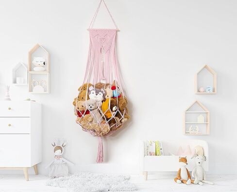 شبكة حيوانات محشوة أو زاوية أرجوحة أو شبكة تعليق على الحائط لتخزين الألعاب الفخمة من بوهو مكرامية لعرض ديكور غرفة نوم الحضانة منظم ألعاب الحيوانات المحشوة (كريمي) in Kuwait