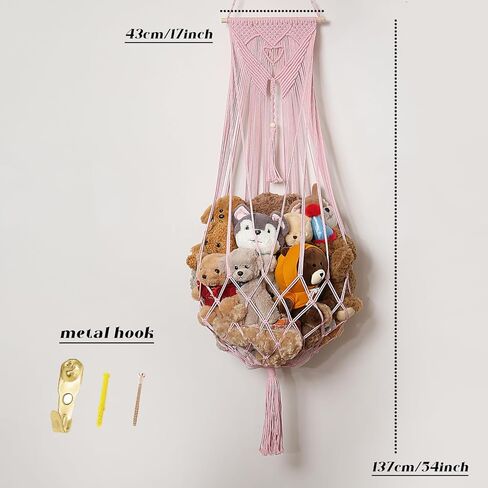 شبكة حيوانات محشوة أو زاوية أرجوحة أو شبكة تعليق على الحائط لتخزين الألعاب الفخمة من بوهو مكرامية لعرض ديكور غرفة نوم الحضانة منظم ألعاب الحيوانات المحشوة (كريمي) in Kuwait