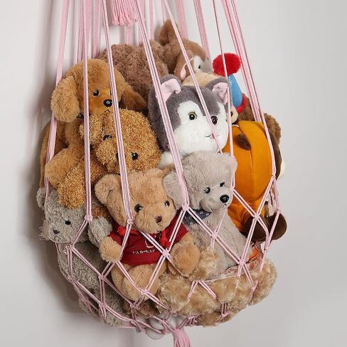 شبكة حيوانات محشوة أو زاوية أرجوحة أو شبكة تعليق على الحائط لتخزين الألعاب الفخمة من بوهو مكرامية لعرض ديكور غرفة نوم الحضانة منظم ألعاب الحيوانات المحشوة (كريمي) in Kuwait