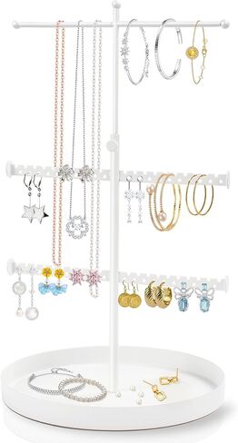JUSTOTRY مجوهرات منظم حامل قلادة حلق سوار حلقة 3 طبقات برج تخزين رف شجرة قوي حامل معلق عرض قابل للتعديل طويل القامة اللون الأبيض مع صينية قاعدة in Kuwait