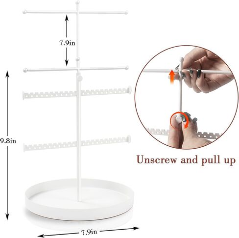 JUSTOTRY مجوهرات منظم حامل قلادة حلق سوار حلقة 3 طبقات برج تخزين رف شجرة قوي حامل معلق عرض قابل للتعديل طويل القامة اللون الأبيض مع صينية قاعدة in Kuwait