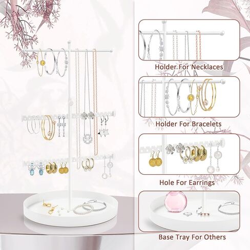 JUSTOTRY مجوهرات منظم حامل قلادة حلق سوار حلقة 3 طبقات برج تخزين رف شجرة قوي حامل معلق عرض قابل للتعديل طويل القامة اللون الأبيض مع صينية قاعدة in Kuwait