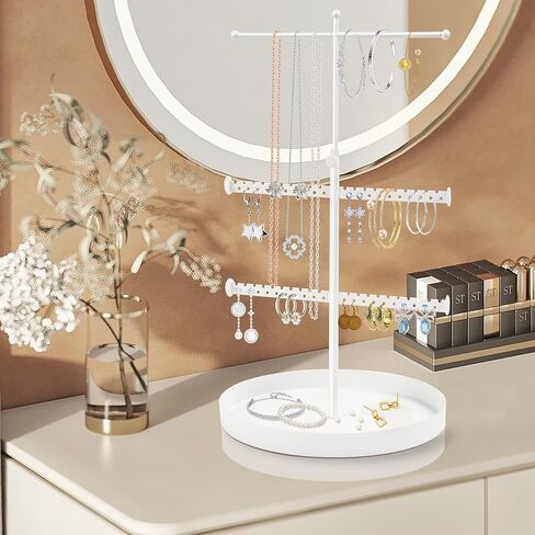 JUSTOTRY مجوهرات منظم حامل قلادة حلق سوار حلقة 3 طبقات برج تخزين رف شجرة قوي حامل معلق عرض قابل للتعديل طويل القامة اللون الأبيض مع صينية قاعدة in Kuwait