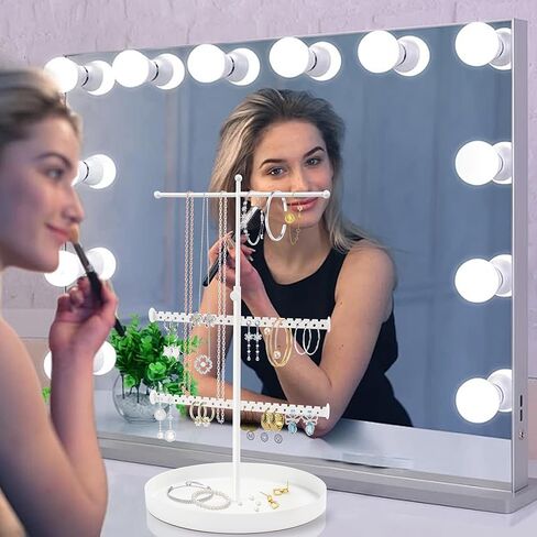 JUSTOTRY مجوهرات منظم حامل قلادة حلق سوار حلقة 3 طبقات برج تخزين رف شجرة قوي حامل معلق عرض قابل للتعديل طويل القامة اللون الأبيض مع صينية قاعدة in Kuwait