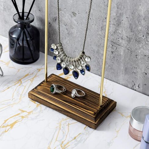 MyGift 11 Inch Tall Modern Rustic Burnt Dark Brown Solid Wood and Brass Tone Metal Wire Necklace Stand, Tabletop Jewelry Holder Rack for Home or Retail Display in Saudi Arabia