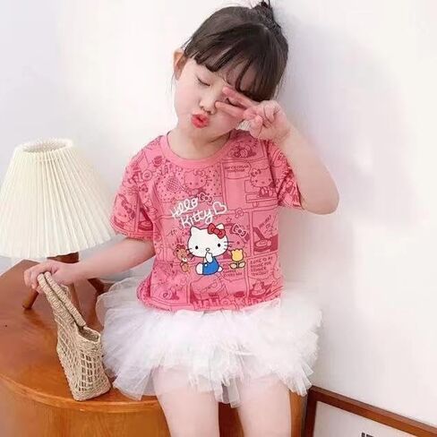 تي شيرت بناتي صيفي بأكمام قصيرة وردي اللون من القطن الناعم من Hellokitty للأطفال من سن 1 إلى 9 سنوات in Kuwait