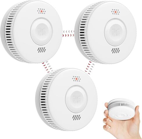 Wireless Interconnected Smoke Detector 10 Year Battery, Smoke Alarm with Large Test Button, Connect with Up to 30 Wireless Fire Alarms, Adhesive Tapes Included, 3-Pack in Saudi Arabia
