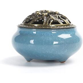Ceramic Incense Burner, Ceramic Incense Burner with Lid, Cone Incense Burner, Cone Coil Incense Holder for Home Decor Yoga Spa Meditation(Blue)
