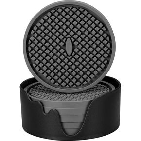 ME.FAN Silicone Coasters [6 Pack] Thickened Drink Coasters with Holder - Cup Mat - Non-Slip, Non-Stick, Stay Put, Deep Tray - Prevents Furniture and Tabletop Damages(Black)