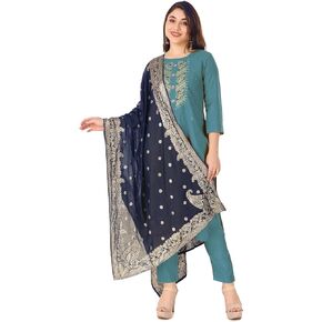 ladyline Formal Plain Silk Zardosi Handwork Salwar Kameez Banarasi Silk Dupatta Womens