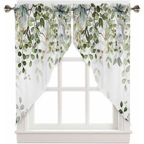 BEMIGO Swag Valances for Windows, Elegant Leaf Spring Plant Rod Pocket Kitchen Window Curtains Over Sink, Watercolor Art Window Curtain Panel Swag Curtains Valences, 36 Inches Length