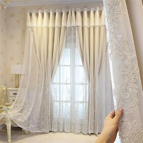 European Double Layer Curtain with Attaches Lace Valance for Living Room Bedroom Grommet Top Elegant Lace Embroidery Sheer Plus Beige Blackout Cloth Drapes for Sliding Door 1PC W52 L84 Inch