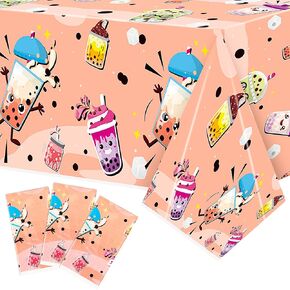 3Pcs Boba Tea Party Tablecloths Cute Bubble Tea Table Cover Milk Tea Theme Party Decorations Plastic Disposable Rectangular Table Cloth Decor for Kids Birthday Party Tablecloths Supplies