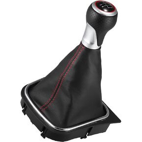 Motoforti 5 Speed Gear Shift Stick Knob Handle, Shifter Gaiter Boot Cover, for VW Golf 5 1K1 2003-2009, ABS Faux Leather, Black Silver Tone, 1 Pc