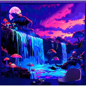 Algasan Blacklight Mushroom Waterfall Tapestry Black Light Nature Tapestry Landscape Tapestry Forest Starry Night Fantasy Wall Hanging Tapestries Poster Aesthetic Decor for Bedroom 60 x 50 Inches