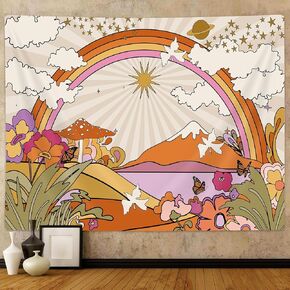 Moyrisou Retro 70s 60s Groovy Tapestry Vintage Flowers Sun Rainbow Wall Tapestries, Aesthetic Sunrise Boho Wall Hanging Tapestry for Bedroom Classroom Home Room Wall Art Decor 60x40 inch