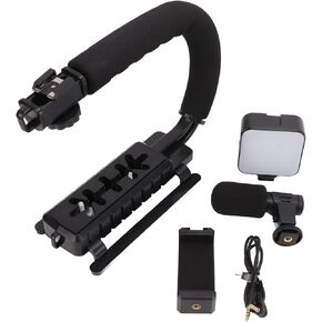 Handheld Camera Stabilizer Bracket,Portable U Shape Video Holder with LED Fill Light and Microphone for Interview Photography Portable DV Bracket Studio Kit Cold Shoe Tripod Head All Cameras Home