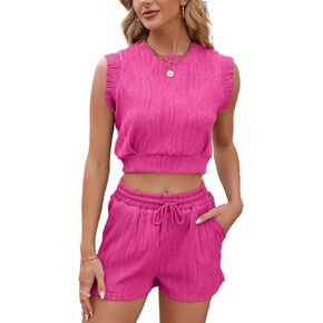Women's Summer 2 Piece Outfits Sleeveless Cropped Top Drawstring Elastic Waist Shorts Set Trendy Texture Tank Set