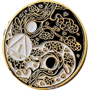 RecoveryChip 1 Month AA Medallion Sakura Tree Cherry Blossom Ying Yang Black and White Serenity Prayer Medallion