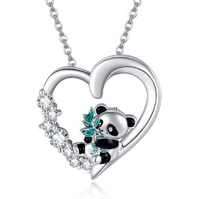 Panda Gifts 925 Sterling Silver Panda Heart Pendant Necklace Panda Jewelry for Women Girls