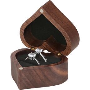 LETURE Wooden Heart Shape Ring Gift Box with Single Slot 2 Slot, Personalized Vintage Wood Jewelry Box for Proposal Engagement Wedding Ceremony Anniversary (Black-1 Slot)