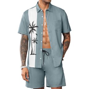 LecGee Men's Hawaiian Shirts Sets Button Down Coconut Tree Hawaiian Shirt Shorts 2 Piece Hawaiian Outfits