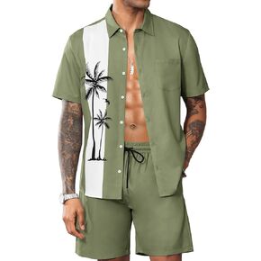 LecGee Men's Hawaiian Shirts Sets Button Down Coconut Tree Hawaiian Shirt Shorts 2 Piece Hawaiian Outfits