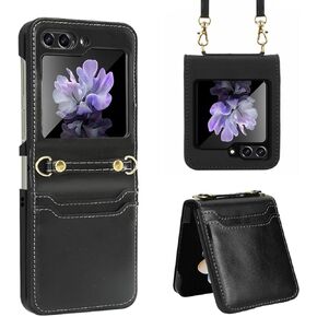 uCOLOR Crossbody Flip Case for Samsung Galaxy Z Flip 4 Case 5G (2022) Wallet with Card Holder Slots Shoulder Wrist Straps (Black, Z Flip 4)