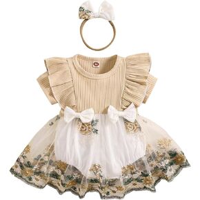 MERSARIPHY Boho Baby Girl Clothes Newborn Summer Outfits Short Sleeve Ribbed Romper Bodysuit Embroidery Tutu Photoshoot Dress
