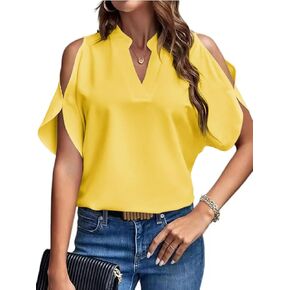 Women's Cold Shoulder Tops Summer Fashion Short Sleeve V Neck Casual Loose Solid Color Blouse Shirts