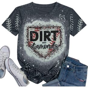 Baseball Mom Shirts for Women Softball Game Day T-Shirt Dirt and Diamonds Shirt Bleached Tee Funny Letter Print Tops