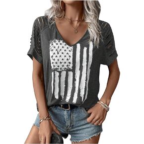 American Flag Cut Out Cold Shoulder T Shirt Women 4th of July Lacerated Sleeve Blouse USA Patriotic Graphic Rock Tee Top