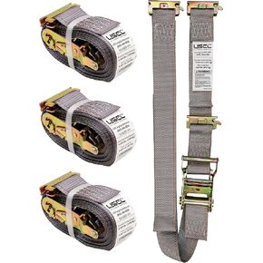 US Cargo Control Double-Fitted E Track Ratchet Straps (4 Pack), 2 Inch x 16 Foot Heavy Duty Gray E Track Straps with 3 Spring E-Fitting Tie Down, 1,467 lbs. Working Load Limit, Logistic Ratchet Straps