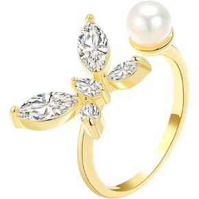 Dainty Freshwater Pearl Ring 14K Gold Plated Fashion Stackable Ring Handmade Minimalist Adjustable Statement Rings for Women Girls