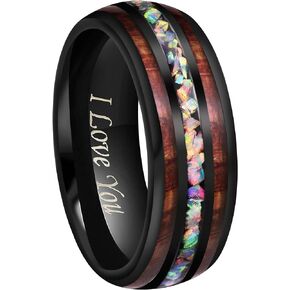 4mm 8mm Handmade Genuine Crushed Fire Opal Balck Tungsten Carbide Men Women Wedding Band With Koa Wood Inlay Engraved I Love You Size 7 To 17