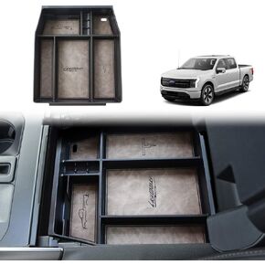 BestEvMod for F-150 Lightning Accessories Storage Box Organizer Center Console Tray with Vegan Leather Trim Compatible with Ford F150 F-150 Lightning 2021 2022 2023 2024 (Black)