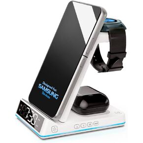 Galvanox 3-in-1 Wireless Charging Station with Alarm Clock for All Samsung Devices - Foldable Design with Nightlight - Compatible with Galaxy Phones/SmartWatch and Earbuds (White)